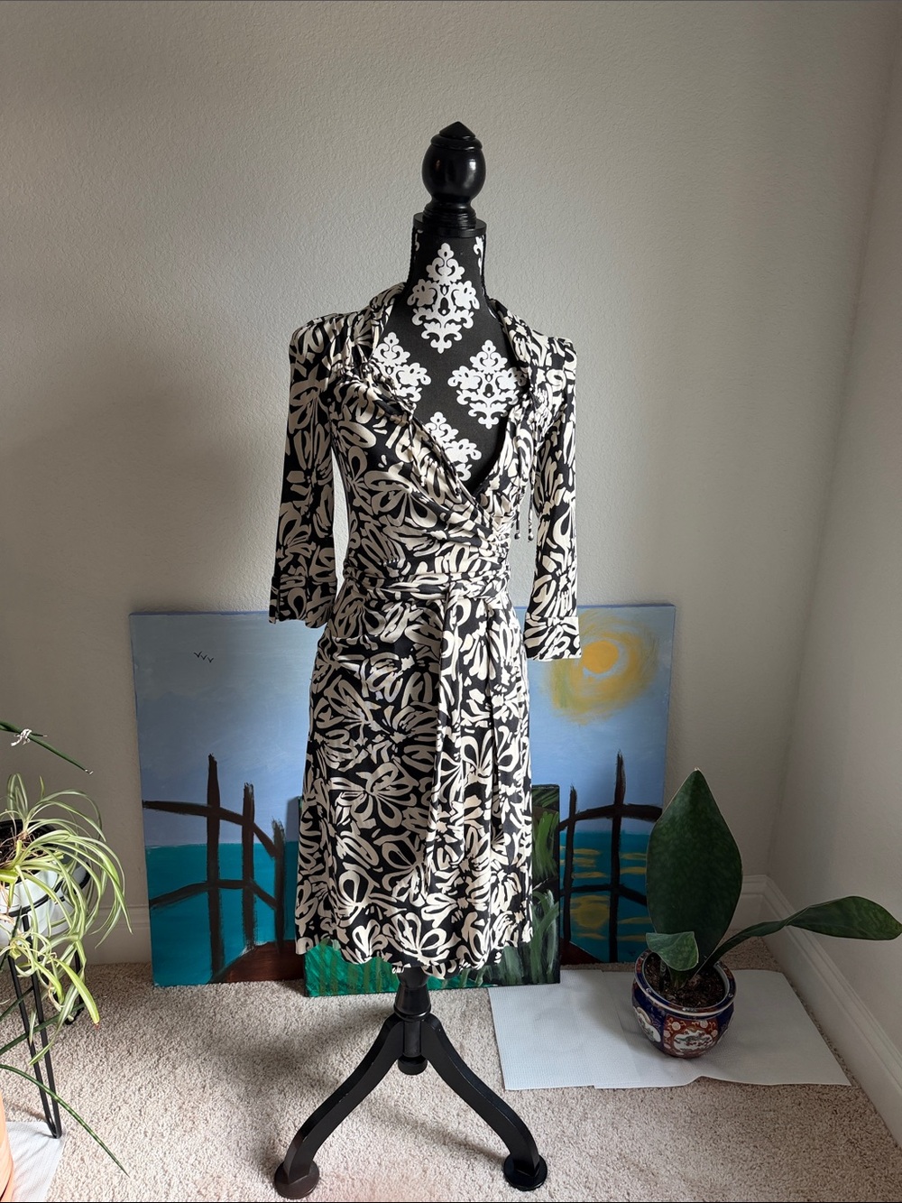 Diane Von Furstenberg Black and Ivory Botanical Wrap Midi Dress